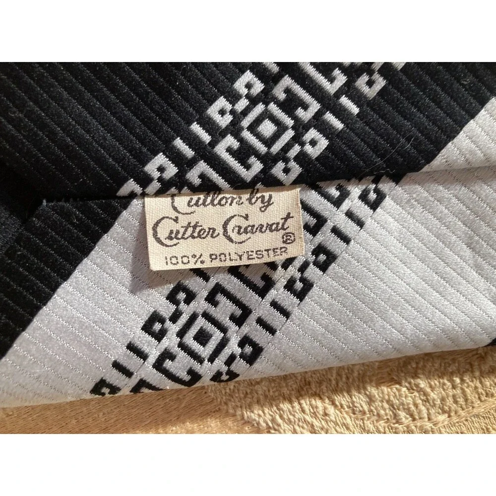 Vintage 70s Necktie 1970s Wide Fat Black White Hipster Culton Cutter Cravat Tie